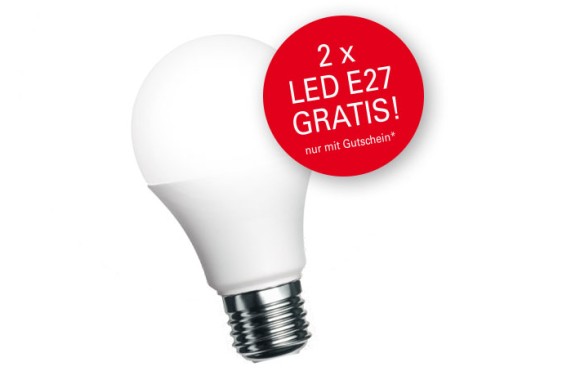 LED-Lampe mit rotem Button mit der Aufschrift 2 x LED E27 Gratis! Nur mit Gutschein*