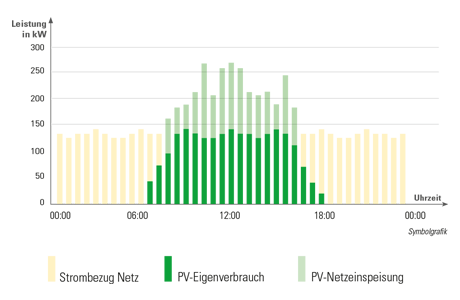 Grafik zur Illustration der Eigennutzung und Netzeinspeisung des nachhaltig produzierten PV-Stroms