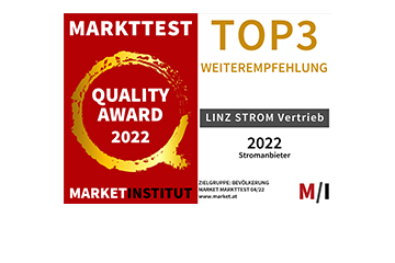 Gütesiegel "market Quality Award 2022" für LINZ STROM Vertrieb in der Gesamwertung für Oberösterreich für eine Top3-Platzierung in der Kategorie Weiterempfehlung