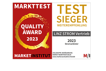 Gütesiegel "market Quality Award 2023" für LINZ STROM Vertrieb in der Gesamwertung für Oberösterreich für Platz 1 in der Kategorie Weiterempfehlung