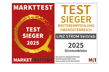 Gütesiegel "market Quality Award 2025" für LINZ STROM Vertrieb in der Gesamwertung für Oberösterreich für Platz 1 in der Kategorie Weiterempfehlung
