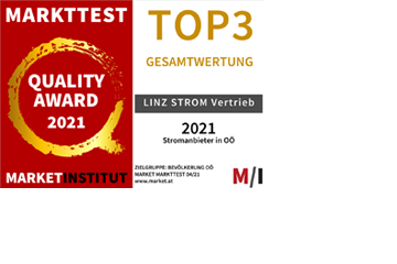 Gütesiegel "market Quality Award 2021" für LINZ STROM Vertrieb in der Gesamwertung für Oberösterreich für eine Top3-Platzierung in der Kategorie Markenstärke