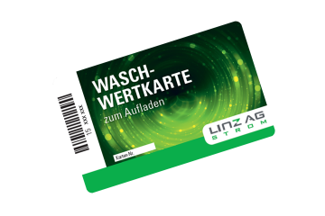 Eine grüne Wertkarte mit der Kartennummer und dem Logo der LINZ STROM