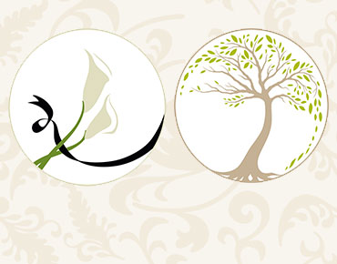 Ein kreisrundes Symbol mit zwei weißen Callas und einer schwarzen Schleife und ein anderes kreisrundes Symbol mit einem Baum, bei dem due 