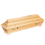 heller Holzsarg mit glänzenden goldenen Griffen und einem Kreuz am Sargdeckel heller Holzsarg mit glänzenden goldenen Griffen und einem Kreuz am Sargdeckel