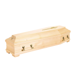 heller Holzsarg mit goldenem Kreuz am Sargdeckel heller Holzsarg mit goldenem Kreuz am Sargdeckel