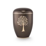 Dunkelbraune Urne verziert mit einem goldenen Baum mit Blätter.