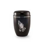 Dunkelbraune Urne mit dem Motiv betende Hände.