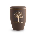 Dunkelbraune Urne verziert mit einem goldenen Baum, bei dem die Blätter abfallen.