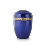 Blaue Urne mit dem goldenen Ornamenten verziert.