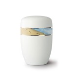 Weiße Urne mit Motiv Fußspuren im Sand