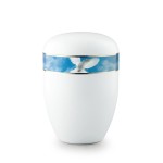 Weiße Urne mit Motiv Taube