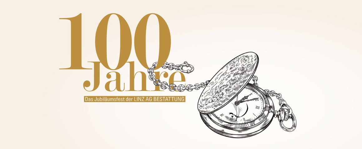 Logo "100 Jahre Bestattung" mit illustrierter Taschenuhr