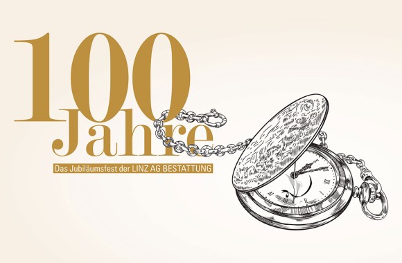Logo "100 Jahre Bestattung" mit illustrierter Taschenuhr
