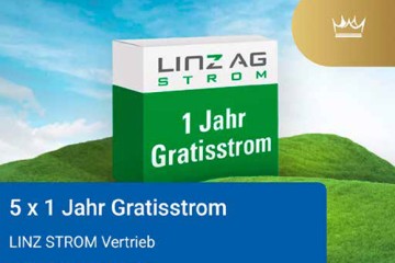 LINZ AG STROM-Box steht auf Hügel mit Banner "5 x 1 Jahr Gratisstrom" und Kronensymbol der Vorteilsapp