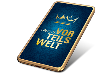 Goldenes Smartphone mit Schriftzug Linz AG Vorteilswelt im Display