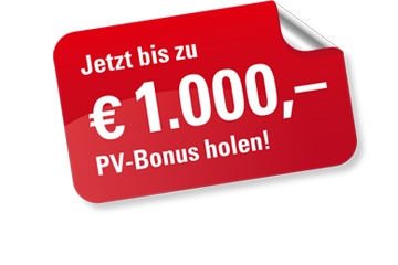 Aufkleber mit der Aufschrift: Jetzt bis zu 1.000 Euro PV-Bonus holen!
