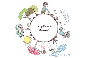 Illustration mit Junge und Mädchen, Bäumen, Wolken, Sonne auf Kreis stehend "Wir pflanzen Bäume!"