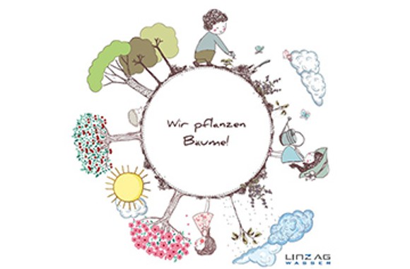 Illustration mit Junge und Mädchen, Bäumen, Wolken, Sonne auf Kreis stehend "Wir pflanzen Bäume!"